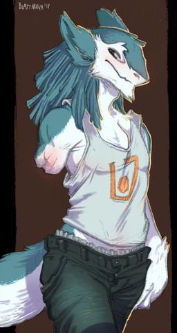 amputee anthro biped blue_body blue_fur blush border bottomwear brown_background cheek_tuft chin_tuft clothed clothing countershade_tail countershade_torso countershading denim denim_bottomwear denim_clothing disability facial_tuft fluffy fully_clothed fur green_body green_bottomwear green_clothing green_fur green_hair green_pants grey_eyes grey_outline hair jeans looking_away male orange_outline outline pants scar shirt shirt_logo simple_background smile solo tail tank_top topwear tuft walking blattarieva mammal sergal 2017 absurd_res digital_media_(artwork) hi_res portrait three-quarter_portrait
