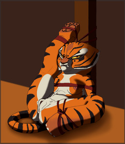 4_toes angry anthro areola arms_tied biped bound breasts butt feet female female_anthro frown fur genitals legs_tied looking_at_viewer markings nipples pawpads raised_leg soles solo striped_body striped_fur striped_markings striped_tail stripes tail tail_markings tied_to_pole toes vulva doomrior dreamworks kung_fu_panda master_tigress felid mammal pantherine tiger colored digital_media_(artwork) hi_res shaded
