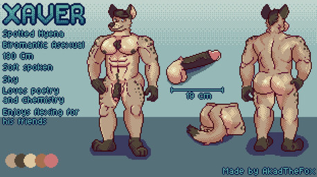 anthro big_butt big_muscles big_pecs big_penis body_hair brown_body brown_eyes brown_fur brown_hair bubble_butt butt chest_hair erection front_view fur genitals hair hand_on_hip happy_trail male muscular nipples pecs penis rear_view solo spots akadthefox hyena mammal spotted_hyena digital_media_(artwork) hi_res model_sheet pixel_(artwork)