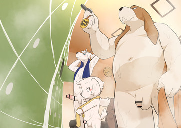anthro ball_size_difference balls black_eyes blue_eyes blush bodily_fluids brown_body brown_fur caught_in_the_act censored_genitalia censored_penis circumcised circumcision_scar cleavage_cutout clock cutout embarrassed erection flaccid foreskin fur genital_scar genitals group half-closed_eyes happy holding_object holding_towel humanoid_genitalia humanoid_penis inside locker_room looking_at_another male narrowed_eyes navel overweight overweight_male penis realistic_penis_size retracted_foreskin scar serious sitting small_balls small_penis steam sweat tail towel towel_on_shoulder unretracted_foreskin wet wet_body white_body white_fur young young_anthro young_male manmosu_marimo chubby_basset_(marimo) basset_hound canid canine canis domestic_dog hunting_dog mammal scent_hound 2024 censored