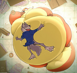 3_toes 4_fingers anthro anthro_on_anthro anthro_on_top belly belly_grab big_belly biped black_nose blue_clothing blue_shirt blue_topwear bottomless bottomless_anthro bottomless_male box brown_body brown_feet brown_fur brown_hands cardboard cardboard_box cheek_bulge claws clothed clothing container countershade_face countershade_feet countershade_fur countershade_tail countershade_torso countershading crumbs dessert dipstick_ears doughnut doughnut_box duo ear_markings ear_piercing ear_ring ear_stud eating eyebrows featureless_chest feet fingers food fur gloves_(marking) grey_body grey_fur huge_belly humanoid_hands inner_ear_fluff interspecies larger_anthro larger_male larger_on_top leg_markings looking_down low-angle_view lying lying_on_another lying_on_ground male male/male male_anthro male_on_top markings monotone_tail moobs morbidly_obese morbidly_obese_anthro morbidly_obese_male motion_lines multicolored_body multicolored_ears multicolored_fur narrowed_eyes nude nude_anthro nude_male obese obese_anthro obese_male on_back on_front on_ground on_top onomatopoeia open_mouth open_smile orange_body orange_fur overweight overweight_anthro overweight_male pastry pawpads piercing pink_pawpads plantigrade ring_piercing rolled_up_sleeves shirt size_difference smaller_anthro smaller_male smile socks_(marking) sound_effects tail teeth text thick_tail toe_claws toes tongue tongue_out topwear tuft under_belly weight_gain whiskers white_body white_claws white_countershading white_eyebrows white_fur white_inner_ear white_inner_ear_fluff white_toe_claws yellow_body yellow_countershading yellow_fur abthegreat swell_donuts attius_brightwater_(abthegreat) teaselbone_(character) canid canine canis mammal mustelid otter wolf 2018 digital_media_(artwork) english_text hi_res shaded signature