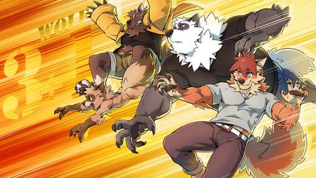 abs anthro biceps clothed clothing fur group kemono male muscular simple_background white_background jacketbear jacketbear_(character) bear bugbear canid canine fox giant_panda mammal procyonid raccoon 16:9 2018 character_request hi_res widescreen