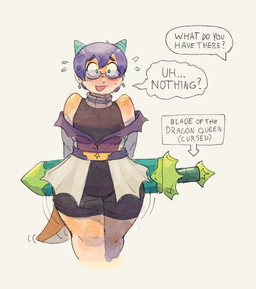 blush bodily_fluids clothed clothing dialogue eyewear female flying_sweatdrops glasses green_eyes growth hair horn melee_weapon purple_hair solo species_transformation sweat sweatdrop sword tail tail_growth text thick_thighs transformation weapon wide_hips dondedun mythology delphine_(dondedun) animal_humanoid dragon dragon_humanoid humanoid mythological_creature mythological_scalie scalie english_text