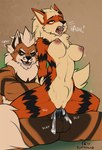 2017 abdominal_bulge anthro arcanine balls black_penis bodily_fluids breasts canid canine chair_position conditional_dnp cum cum_in_pussy cum_inside digital_media_(artwork) duo female female_penetrated fluff-kevlar from_behind_position fur generation_1_pokemon genital_fluids genitals green_eyes grunting hazel_(fluff-kevlar) knot kona_(fluff-kevlar) larger_male looking_pleasured male male/female male_penetrating male_penetrating_female mammal mane nintendo nipples nude open_mouth orange_body orange_fur orgasm penetration penile penile_penetration penis penis_in_pussy pokemon pokemon_(species) pussy sex signature simple_background size_difference smaller_female smaller_penetrated stripes teeth vaginal vaginal_penetration