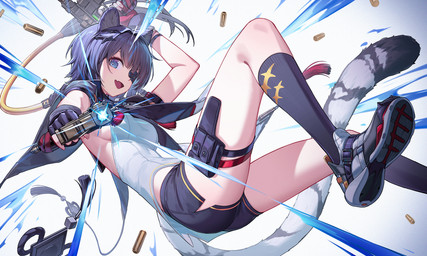 animal_ears bare_legs bent_legs black_bottomwear black_clothing black_footwear black_hair black_shorts black_socks bottomwear breasts clothing cute_fangs eye_patch eyewear fangs female fingerless_gloves footwear gloves grey_clothing grey_eyes grey_footwear grey_shoes hair hair_between_eyes handwear holding_object holding_weapon markings medium_breasts open_mouth shirt shoes short_hair shorts side_boob sleeveless_shirt socks solo striped_markings striped_tail stripes tail tail_markings teeth topwear weapon white_clothing white_shirt white_topwear nian_qaq arknights arknights_endfield hypergryph studio_montagne tangtang animal_humanoid humanoid mammal mammal_humanoid mustelid mustelid_humanoid otter otter_humanoid 5:3 hi_res