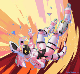 abstract_background action_pose anthro armor black_eyes bodysuit bodysuit_straps breasts clothing colored_claws digitigrade display_face falling female floating futuristic glowing glowing_eyes hair head_tuft headgear heart_symbol helmet high_detail legband long_hair machine midair multicolored_hair open_mouth pawpads perspective pink_body pose reaching_out robotic_tail science_fiction screen screen_face segmented_tail skinsuit small_breasts solo tail thighband tight_clothing tuft visor white_body yellow_eyes dream_weaver_pony doki_blast android lagomorph leporid mammal rabbit robot absurd_res full-length_portrait hi_res pink_theme portrait shaded signature soft_shading