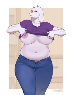 2_horns 5_fingers anthro areola bedroom_eyes belly big_areola big_breasts big_nipples biped black_eyebrows blue_bottomwear blue_clothing blue_jeans blue_pants blush blush_lines blushing_at_viewer bodily_fluids border bottomwear breasts brown_pubes clothed clothed_anthro clothed_female clothing clothing_lift curvy_figure denim denim_bottomwear denim_clothing exposed_breasts eyebrows eyelashes female female_anthro fingers floppy_ears front_view fur genitals hairy_vulva horn huge_breasts humanoid_genitalia humanoid_vulva iris jeans long_ears looking_at_viewer lop_ears mature_anthro mature_female monotone_body monotone_bottomwear monotone_clothing monotone_fur monotone_horn monotone_jeans monotone_pants monotone_shirt monotone_t-shirt monotone_topwear mouth_closed narrowed_eyes navel nipples no_bra no_underwear open_bottomwear open_clothing open_jeans open_pants outside_border pants partially_clothed partially_clothed_anthro partially_clothed_female pink_areola pink_nipples pose pubes pubes_exposed pupils purple_clothing purple_shirt purple_t-shirt purple_topwear red_eyes seductive shirt shirt_lift short_sleeves slightly_chubby slightly_chubby_anthro slightly_chubby_female small_horn snout solo standing sweat sweatdrop t-shirt t-shirt_lift tan_text text thick_thighs topwear undressing undressing_self vulva white_body white_border white_fur white_horn white_sclera whitebird447 undertale undertale_(series) toriel boss_monster_(undertale) bovid caprine goat mammal absurd_res artist_name english_description hi_res pinup portrait shaded three-quarter_portrait