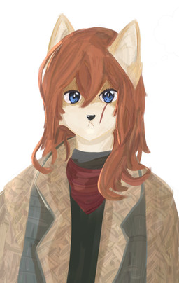 anthro blue_eyes brown_hair clothing coat female fur hair messy_hair pointy_ears prick_ears scar scarf simple_background solo tan_body tan_fur topwear capngoku lis_catte felid feline mammal absurd_res character_request hi_res