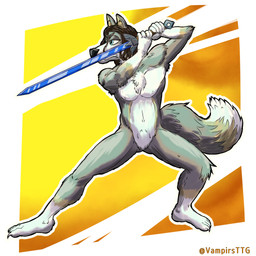 anthro athletic blue_eyes brown_hair claws dreadlocks fluffy fluffy_tail fur grey_body grey_fur guard_position hair magic_weapon male melee_weapon pose solo sword tail weapon white_body white_fur vampirsttg canid canine canis mammal wolf 1:1 absurd_res hi_res