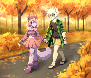 accessory anthro autumn autumn_leaves beanie black_clothing black_shirt black_topwear bottomwear branch cargo_shorts checkered checkered_clothing checkered_shirt checkered_topwear chest_tuft clip_accessory clothing cobblestone crop_top dating detailed_background digitigrade duo eyebrows eyelashes eyelashes_through_hair eyewear female fingerless_gloves floppy_ears footwear fur glasses gloves grass grin hair hair_accessory hairclip hand_holding handwear hat headgear headwear highlights_(coloring) jewelry leaf leaves_on_ground long_sleeves looking_at_another looking_at_partner male male/female navel necklace orange_hair oversized_clothing park pathway pattern_clothing pattern_shirt pattern_topwear plaid plaid_clothing plaid_outerwear plaid_topwear plant pleated_skirt pupils purple_body purple_clothing purple_eyes purple_footwear purple_fur purple_shoes red_eyes romantic romantic_couple sandals scenery shirt shoes shorts shrub size_difference skirt slim slippers smile spandex spandex_shorts striped_clothing stripes tail temporary_tattoo text tight_bottomwear tight_clothing tight_shorts timid topwear translucent translucent_hair tree tuft twintails_(hairstyle) unusual_eyes walking wearing_glasses white_body white_fur white_pupils wristband layzerkek korinna_(dangerdash05) sixy canid canine fox lagomorph leporid mammal rabbit absurd_res film_grain hi_res watermark