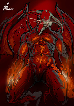 ambiguous_gender anthro athletic black_body bone demonic digitigrade elemental_manipulation fire fire_manipulation glowing glowing_eyes horn muscular red_background simple_background skull skull_head solo wings alkuuda doom_(series) id_software microsoft demon vassago_(doom) hi_res