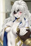 black_lipstick black_nails blush blush_lines breasts brown_clothing brown_gloves brown_handwear clothed clothing colored_nails embla_(fire_emblem) eye_patch eyelashes eyewear female fire_emblem fire_emblem_heroes first_person_view gloves grey_hair hair hand_holding handwear hi_res humanoid humanoid_pointy_ears lipstick long_hair looking_at_viewer makeup nails navel nintendo open_clothing pale_skin pupils red_eyes redkite_(artist) slit_pupils solo summoner_(fire_emblem) wavy_mouth