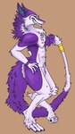 anthro arm_markings curling_toes ear_piercing feet fur hand_on_hip male markings piercing purple_body purple_fur solo tail wrist_markings ethan_(teckly) sergal hi_res