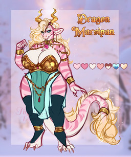 4_toes accessory alternate_species anthro blue_eyes bracelet breasts brown_claws claws cleavage clothed clothing eyebrows feet female fingers furgonomics grey_claws hair heart_symbol horn jewelry leggings legwear multicolored_body necklace overweight overweight_anthro overweight_female pink_body ring solo standing stripes tail tail_accessory tail_jewelry tail_ring tail_tuft tan_hair text thigh_highs toes tuft yellow_horn tiggybloom mythology marzipan_(tiggybloom) dragon mythological_creature mythological_scalie scalie 2024 english_text hi_res
