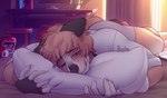 anthro bed bedroom bite biting_lip biting_own_lip blue_eyes bodily_fluids brown_body brown_fur clothing crying detailed_background fur furniture hair hug hugging_object hugging_pillow lying male on_front pillow sad self_bite shirt skateboard solo tan_body tan_fur tears topwear underwear upset vehicle akysha canid canine canis domestic_dog mammal hi_res