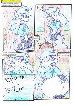 anthro belly blue_clothing blue_hair blue_shirt blue_topwear clothing female female_pred hair outside overweight shirt solo speech_bubble text topwear vore virus-20 wendy_wolf_(virus-20) avian bird canid canine canis galliform mammal phasianid turkey wolf 2009 comic english_text traditional_media_(artwork)