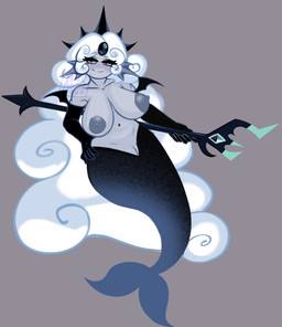 areola armwear big_breasts big_hair black_body black_clothing black_eyes black_gloves black_handwear black_scales breasts clothing elbow_gloves eyelashes female fish_tail front_view genitals gloves grey_areola grey_background grey_body grey_nipples hair hand_on_hip handwear holding_object holding_staff long_hair navel nipples nude pupils scales simple_background slit_pupils smile solo split_form staff vulva white_hair wide_hips arielbonovo cookie_run black_pearl_cookie aquatic cookie_(cookie_run) humanoid merfolk hi_res