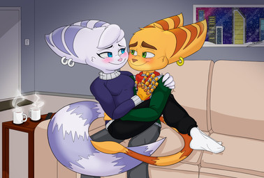 anthro blue_eyes blush bottomwear breasts brown_nose clothed clothed_female clothed_male clothing coffee_cup container cup cybernetic_arm cybernetic_limb duo ear_piercing ear_ring eye_contact female fluffy fluffy_tail footwear fur furniture green_eyes hair looking_at_another male male/female markings pants piercing pink_nose ring_(marking) ring_piercing ringed_tail socks sofa striped_markings striped_tail stripes sweatshirt tail tail_markings tail_tuft thin_tail tuft white_body white_fur white_hair yellow_body yellow_fur maximuseditor ratchet_and_clank sony_corporation sony_interactive_entertainment ratchet_(ratchet_and_clank) rivet_(ratchet_and_clank) lombax mammal hi_res