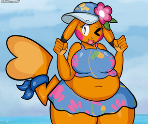 5_fingers accessory anthro belly bikini black_ear_tips blep blue_bikini blue_clothing blue_swimwear bow_ribbon breasts clothing colored_nails dipstick_ears ear_grab ear_markings female fingers floppy_ears floral_bikini floral_pattern flower flower_in_hair flower_on_hat furgonomics hair hair_accessory hat headgear headwear looking_at_viewer multicolored_ears nails navel overweight pattern_clothing pink_cheeks pink_flower pink_nails plant pokemorph ribbons smile solo stretch_marks suntan swimwear tail tail_accessory tail_bow tail_ribbon tan_line tongue tongue_out two-piece_swimsuit white_sclera yellow_body blackmore nintendo pokemon pokemon_winds_and_waves ms._wavychu generation_1_pokemon mammal pikachu pokemon_(species) rodent hi_res