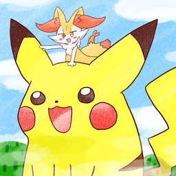 ambiguous_anthro ambiguous_feral ambiguous_gender anthro biped blush blush_stickers cloud detailed_background dipstick_tail duo feral food front_view gesture hand_gesture hill macro markings object_in_tail open_mouth open_smile outside plant pointing riding_on_head shrimp_(food) size_difference sky smile snout tail tail_markings tree annyui0611 nintendo pokemon braixen canid generation_1_pokemon generation_6_pokemon mammal pikachu pokemon_(species) 1:1 2023 digital_drawing_(artwork) digital_media_(artwork) hi_res japanese_description translated_description