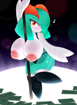 areola big_areola big_breasts big_nipples blush breasts clothing dancing female female_humanoid green_hair hair looking_at_viewer money musical_note musical_symbol nipples not_furry pokemorph pole pole_dancing puffy_areola puffy_nipples red_eyes shortstack shortstack_female smile solo standing stripper symbol elfdrago nintendo pokemon fan_character rui_(sugaru) generation_3_pokemon humanoid kirlia pokemon_(species) shiny_pokemon 2015 digital_media_(artwork) hi_res