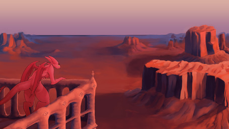 anthro balcony female hell horn leaning leaning_forward red_body red_skin solo wings ricksteubens satina_(series) lucia_(satina) demon 16:9 2021 absurd_res hi_res widescreen