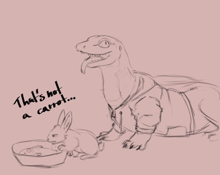 ambiguous_gender bowl clothing container duo feral fish_meat food forked_tongue hoodie meat narrowed_eyes open_mouth quadruped side_view simple_background teeth text tongue tongue_out topwear unsigned conditional_dnp kiva~ lagomorph leporid mammal rabbit english_text hi_res monochrome sketch