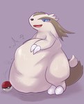 absurd_res ambiguous_gender belly big_belly bloated blue_eyes blush blush_lines bodily_fluids brown_body brown_fur brown_markings claws dialogue digestion distorted_text dripping feral feral_pred fully_inside fur generation_3_pokemon grey_background hi_res huge_belly linoone markings motion_lines nintendo open_mouth pokeball pokemon pokemon_(species) red_tongue saliva saliva_drip semi-anthro simple_background solo speech_bubble struggling struggling_prey tail tan_belly tan_body tan_fur text tongue vore white_claws zeg_yoros