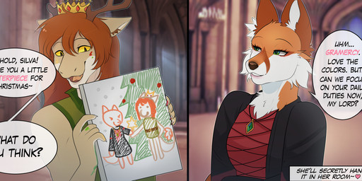 anthro antlers belt biped candle castle christmas_gift claws clothing confident confident_female crossed_arms crown day detailed_background dialogue dirty duo emerald_(gem) eye_contact fangs female fingers forked_tongue fur fur_tuft gem gift gothic_architecture gown green_eyes happy headgear holidays horn humor inside jerkin_(clothing) jewelry left-handed light looking_at_another magic_user male mane medieval medieval_architecture medieval_clothing messy paint painting pendant prince relaxing royalty secretly_loves_it silly silly_face smile speech_bubble standing tail tail_tuft teeth text thank_you tongue tsundere tuft window witch locknvt lovelock bowser_showing_his_painting christmas mario_bros mythology nintendo tales_from_valmeridia the_super_mario_galaxy_movie prince_borgon silva_vernalis canid canine dragon fox mammal mythological_creature mythological_scalie scalie comic english_text hi_res meme story story_in_description url