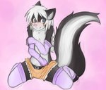 anthro armwear belt biped black_body black_fur blue_eyes blush bottomwear braided_hair clothed clothed_anthro clothing countershade_face countershade_fur countershade_torso countershading feminine front_view fur hair legwear male navel pawpads pink_nose pink_pawpads shorts sitting sitting_on_ground skunk_tail solo spread_legs spreading topless white_body white_countershading white_hair sebafox sigma117 mammal mephitid skunk 2013 colored colored_sketch guide_lines sketch andromorph_(lore)