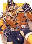 abs anthro bodysuit cape clothing genitals male mask muscular muscular_anthro muscular_male nipples pecs penis skinsuit solo spandex superhero tight_clothing torn_clothing vein veiny_penis keidoro_kemono lifewonders live_a_hero ryekie_(live_a_hero) felid mammal pantherine tiger hi_res