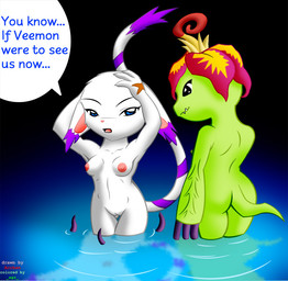 anthro anthro_on_anthro areola arm_by_side arms_bent bath bathing black_eyes breasts butt cross_scar dialogue duo ear_tuft female female/female female_anthro flower_(anatomy) fur genitals green_body hand_on_head hand_scar imminent_sex legs_in_water legs_together navel nipples partially_submerged pink_areola pink_inner_ear pink_nipples plant plant_tentacles purple_tail_tuft raised_arms scar species_in_dialogue speech_bubble standing standing_in_water straight_arm submerged_legs tail tail_tuft text thigh_gap thin_tail tuft vulva water white_body white_fur agz furball bandai_namco digimon digimon_(species) elemental_creature felid flora_fauna gatomon mammal palmon english_text