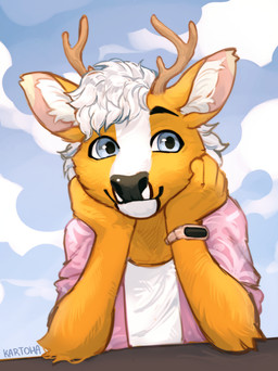 antlers blue_eyes bracelet clothing fitness_tracker fur hair hands_on_chin horn jewelry looking_at_viewer male markings orange_body orange_fur pink_clothing pink_shirt pink_topwear shirt sky solo spots spotted_body topwear white_hair kartoha breezy_(breezydiz) cervine deer fallow_deer mammal absurd_res hi_res