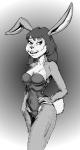 anthro clothing corset dithering female fur grey_background hair lingerie long_hair looking_away open_mouth simple_background skinny skinny_anthro skinny_female smile solo topwear doug_winger lagomorph leporid mammal rabbit 1994 monochrome