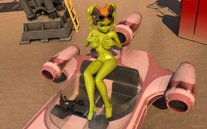 areola breasts clothing eyebrows eyelashes eyewear eyewear_on_head feet female glistening glistening_body glistening_skin goggles goggles_on_head green_body green_eyes green_skin hand_on_breast headgear headwear lekku_(anatomy) looking_down navel nipples not_furry nude outside sitting smooth_skin solo vehicle kondas_peter star_wars star_wars_rebels hera_syndulla alien alien_humanoid humanoid twi'lek 16:10 2021 3d_(artwork) digital_media_(artwork) hi_res widescreen