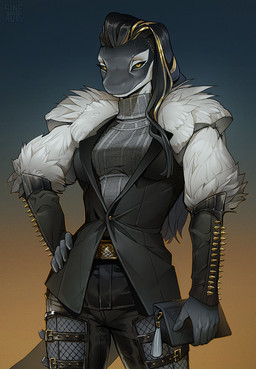 5_fingers anthro belt_buckle black_hair blazer braided_hair breasts buckle clothed clothing exposed_thighs female fingers fur hair hand_on_hip handbag highlights_(coloring) holding_object jacket long_hair markings non-mammal_breasts simple_background solo spikes standing sweater tail topwear turtleneck white_markings yellow_eyes sinealas discardingsabot cassandra_kora aquatic cetacean dolphin mammal oceanic_dolphin orca toothed_whale digital_media_(artwork) hi_res