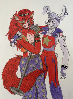 abs accessory anthro arm_warmers armwear belt bracelet clothing duo ear_piercing electronics eye_patch eyewear headband hook hook_hand jewelry male male_anthro microphone microphone_stand mullet pecs piercing shirtless_anthro shirtless_male spiked_bracelet spikes star_symbol tail toothpick dylanaildon_no_2 five_nights_at_freddy's scottgames glamrock_bonnie_(fnaf) glamrock_foxy_(fnaf) canid canine fox lagomorph leporid mammal rabbit robot_anthro absurd_res hi_res traditional_media_(artwork)