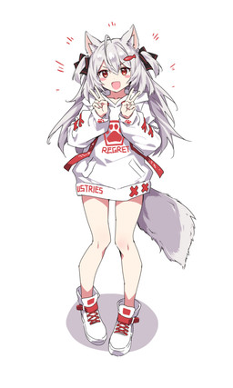 blush clothing female footwear gesture hair hand_gesture hoodie open_mouth open_smile shoes simple_background smile solo text topwear v_sign white_background white_clothing white_hair white_hoodie white_topwear kataokasan animal_humanoid canid canid_humanoid humanoid mammal mammal_humanoid 2023 character_request english_text hi_res