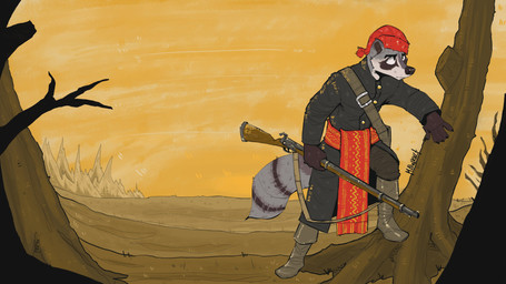 anthro bag belt boots branch clothing ears_up footwear forest gun hand_on_tree holding_gun holding_object holding_ranged_weapon holding_rifle holding_weapon looking_up male plant raccoon_tail ranged_weapon rifle shoes solo tail tree weapon mawkvlt mammal procyonid raccoon 16:9 4k absurd_res hi_res widescreen