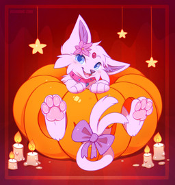 accessory ambiguous_feral ambiguous_gender blue_eyes blue_pupils bow_ribbon candle collar fangs feral food front_view fruit fur furgonomics looking_at_viewer open_mouth open_smile pawpads pink_body pink_collar pink_fur pink_pawpads pink_tail pink_tongue plant pumpkin pupils ribbons simple_background smile solo tail tail_accessory tail_bow tail_ribbon teeth tongue bloominglynx nintendo pokemon eeveelution espeon generation_2_pokemon pokemon_(species) digital_drawing_(artwork) digital_media_(artwork) hi_res