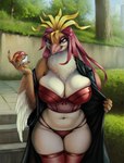 anthro anthrofied beak big_breasts black_clothing black_coat black_topwear breasts bustier clothed clothing coat detailed_background female front_view generation_1_pokemon hair hi_res holding_object holding_pokeball legwear lingerie long_hair looking_at_viewer midriff multicolored_hair navel neck_tuft nintendo one_eye_closed outside panties pantsless pidgeot plant pokeball pokemon pokemon_(species) pokemorph portrait red_clothing red_eyes red_lingerie red_underwear ronff smile solo stairs standing stockings thigh_highs three-quarter_portrait topwear tree tuft underwear undressing white_body winged_arms wings