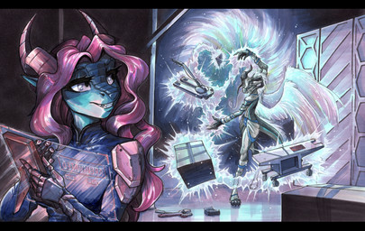 5_fingers anthro barbel_(anatomy) biped black_horn blue_body blue_clothing blue_skinsuit clothing detailed_background duo female fingers flesh_whiskers hair holographic_screen horn levitating_object levitation magic male portal purple_eyes purple_hair purple_horn skinsuit tight_clothing translucent translucent_wings white_body wings ewgengster mythology malthaeos_(malthaeos) dragon eastern_dragon mythological_creature mythological_scalie scalie wingless_dragon 2025 absurd_res hi_res traditional_media_(artwork)