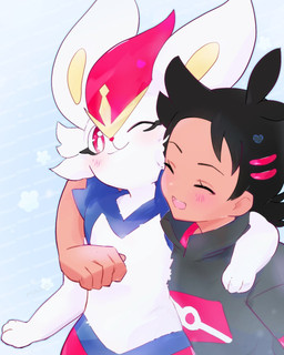ambiguous_gender anthro black_hair blush blush_lines duo eyelashes eyes_closed flower_symbol fur hair hug male one_eye_closed open_mouth pattern_background red_eyes simple_background striped_background tongue white_body white_fur maaomei nintendo pokemon goh's_cinderace goh_(pokemon) cinderace generation_8_pokemon human lagomorph mammal pokemon_(species) 2026 4:5 hi_res