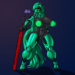 abs anthro areola armor belly big_areola big_breasts big_nipples black_body black_fur bodily_fluids breasts clothing colored_nails cybernetics ear_piercing eyebrows eyelashes feet female fur gauntlets genital_fluids genitals gloves glowing glowing_areola glowing_armor glowing_genitalia glowing_nipples glowing_pussy gradient_background green_areola green_armor green_eyes green_hair green_inner_pussy green_nails green_nipples green_piercing green_pussy green_toenails hair handwear huge_areola huge_breasts long_hair machine mask melee_weapon multicolored_pussy nails navel nipples outline piercing pussy shadow simple_background solo sword toenails toes two_tone_pussy weapon rashchaos cyborg equid equine horse mammal pony 1:1 absurd_res digital_media_(artwork) hi_res signature