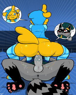 4_toes anthro anthro_on_anthro anthro_penetrated anthro_penetrating anthro_penetrating_anthro anus armwear balls bed big_penis bite biting_lip biting_own_lip black_anus black_body black_fur black_inner_ear black_nose black_stripes blue_armwear blue_clothing blue_eyes blue_hoodie blue_legwear blue_topwear bottomless clothed clothing cowgirl_position duo feet female female_on_top female_penetrated from_front_position fur furniture genitals green_clothing green_hat green_headwear green_jacket green_topwear grey_balls grey_body grey_fur grey_hair grey_penis hair hat headgear headwear heart_eyes heart_symbol hoodie jacket legwear looking_up male male/female male_on_bottom male_penetrating male_penetrating_female markings motion_lines on_bed on_bottom on_top one_eye_closed open_clothing open_hoodie open_topwear orange_body orange_fur orange_hair pattern_clothing pattern_legwear pawpads penetration penis pink_anus pink_pawpads ponytail self_bite sex spread_legs spreading straddling striped_body striped_clothing striped_fur striped_legwear striped_markings striped_tail stripes tail tail_markings tail_motion tailwag toes topwear vaginal vaginal_penetration vulva felino dumpling_(tricktrashing) trick_(tricktrashing) canid canine canis domestic_dog mammal procyonid raccoon 2021 4:5 hi_res