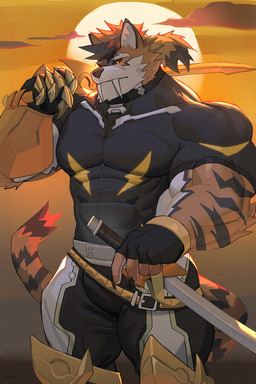 abs anthro barazoku belt black_sclera bottomwear clothed clothing cloud countershading fangs footwear fully_clothed gloves hair handwear holding_melee_weapon holding_object holding_sword holding_weapon looking_at_viewer male melee_weapon muscular muscular_arms muscular_male pants pecs ponytail shirt sky solo standing stripes sunset sword tail teeth tight_clothing topwear weapon yellow_eyes uriex felid mammal pantherine tiger 2:3 hi_res