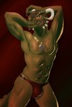 anthro blue_eyes bulge clothing green_body green_scales hands_behind_head horn jewelry looking_at_viewer male muscular muscular_anthro muscular_male necklace pose pupils red_background scales simple_background slit_pupils solo underwear tatsudoshi bethesda_game_studios microsoft skyrim the_elder_scrolls derkeethus argonian reptile scalie hi_res pinup