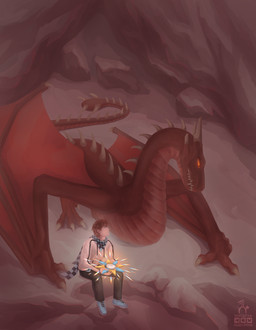 back_spikes cave claws clothing duo fangs fantasy feral glowing horn magic male membrane_(anatomy) membranous_wings orange_eyes red_body rock sad sitting spiked_tail spikes spikes_(anatomy) standing star tail teeth wings ocelotka european_mythology mythology lololoshka raitharion dragon human mammal mythological_creature mythological_scalie scalie western_dragon wyvern digital_media_(artwork) full-length_portrait portrait