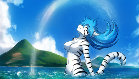 alternate_species anthro black_stripes blue_hair blue_line_art blue_text breasts butt chest_tuft crossgender crotch_lines extended_arms eyes_closed featureless_breasts female fur furrification hair leaning leaning_backward long_hair long_tail markings mountain mouth_closed mtf_crossgender navel nude nude_anthro nude_female outside partially_submerged pose sea skinny_dipping sky slim_anthro slim_female smile snout solo striped_body striped_fur striped_markings striped_tail stripes tail tail_markings text thin_tail tuft water wet_hair wet_hair_flip white_body white_fur white_tail conditional_dnp tom_fischbach twokinds tiger_trace trace_legacy felid keidran mammal pantherine tiger 2025 7:4 adobe_photoshop_(artwork) colored_line_art digital_media_(artwork) english_text hi_res male_(lore)