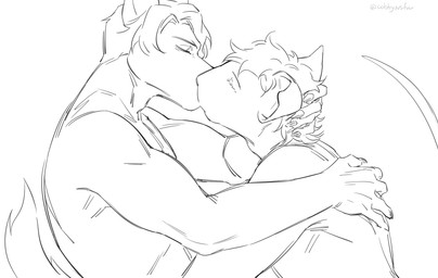 anthro anthro_on_anthro duo eyes_closed hair kissing male male/male messy_hair nude short_hair side_view simple_background cobu john_(cobe_xiu-xiu) logan_(cobe_xiu-xiu) canid canine canis domestic_cat domestic_dog felid feline felis herding_dog malinois_dog mammal oriental_shorthair pastoral_dog sheepdog monochrome signature sketch